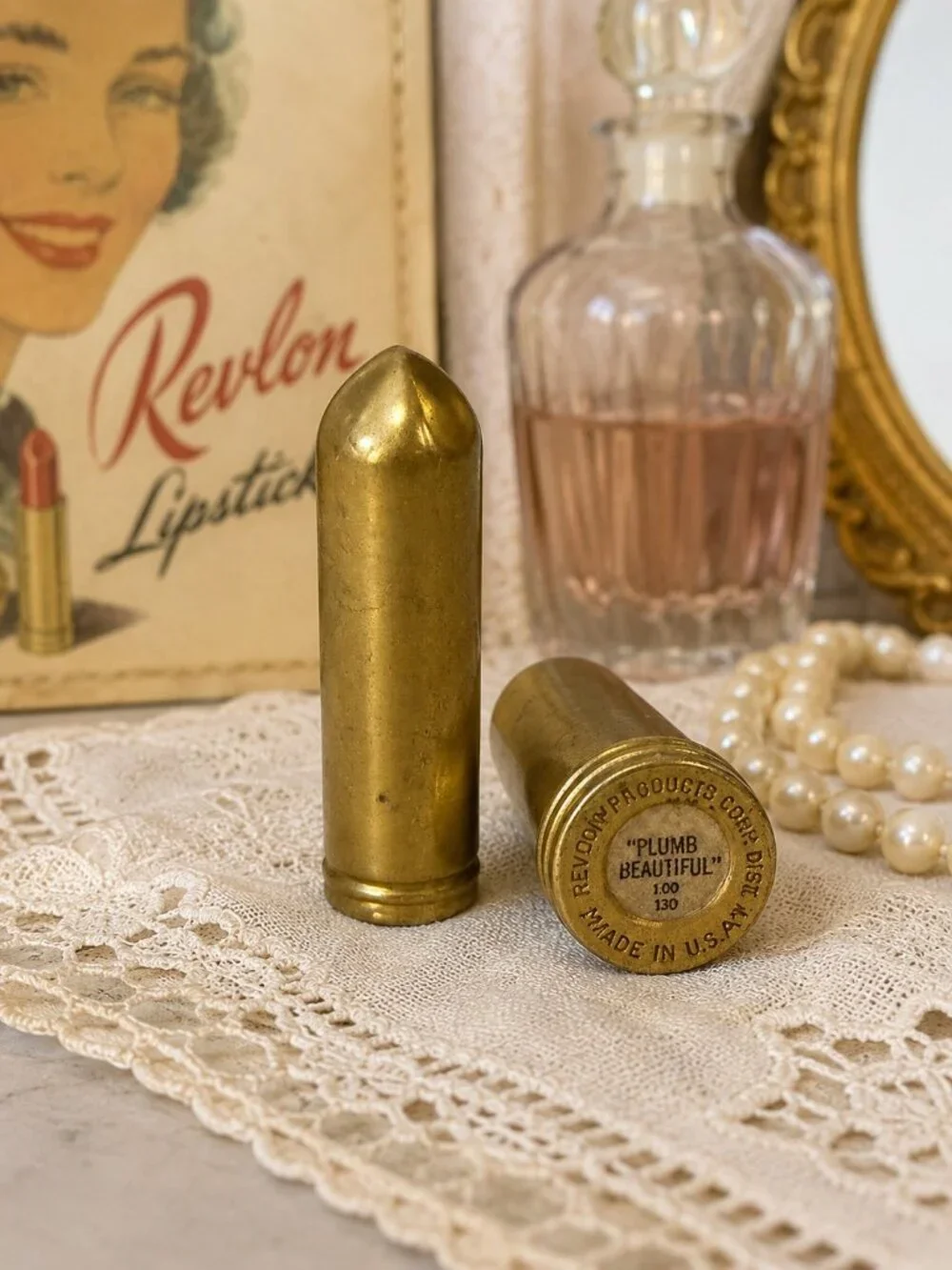 Vintage 1940s Revlon Plumb Beautiful Bullet Lipstick Tube Brass Cosmetic Case